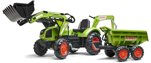 FALK - Tractopala a pedali Claas con escavatore e rimorchio basculante Maxi - Da 3 Anni - Made in France - escavatore anteriore ed escatrice articolate - Sedile girevole - 2070 W