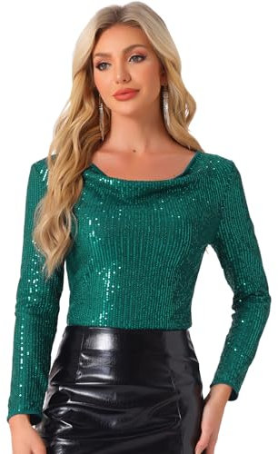 Allegra K Chemisier à Paillettes Femme Col Bénitier Manches Longues Blouse Scintillante Clubwear Haut de Soirée de Fête Vert Foncé L