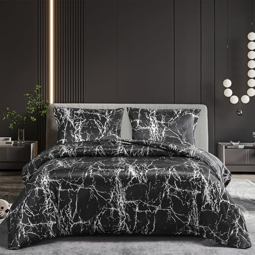 Gezu - Juego de ropa de cama de satén con diseño de mármol, color negro, blanco y gris, reversible, de seda brillante y suave, funda nórdica de 220 x 240 cm + funda de almohada de 80 x 80 cm con