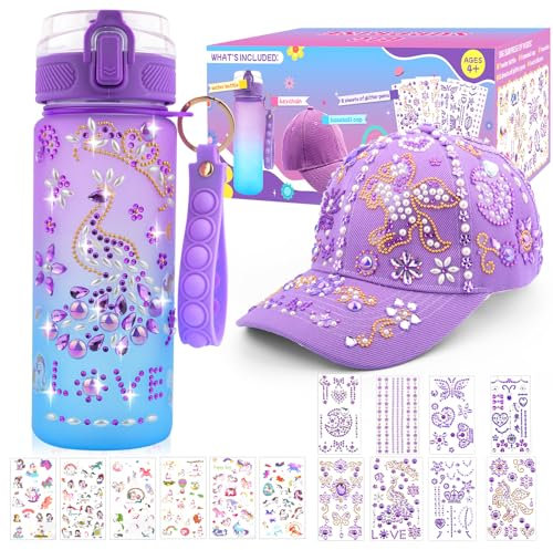 Gifts for Girls 5 6 7 8 9 10 11 12 Years Old Decorate Your Own Water Bottle and Baseball Cap with Unicorn Stickers Glitter Gems Girls Water Bottle Back to School Supplies Art and Crafts Age 4-12