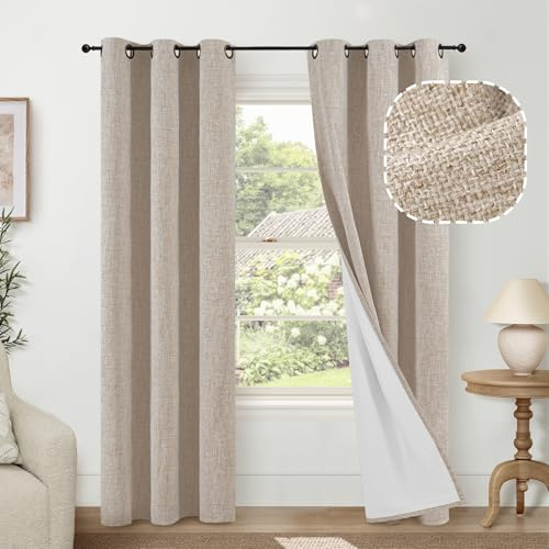 Lajode Linen Blackout Curtains for Living Room Narrow Window, Thermal Insulated Complete Light Blocking Privacy Soundproof Small Curtains for Bedroom, Each 38 Inch Wide 80 Inch Length 2 Panels, Beige