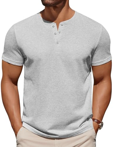 COOFANDY Henley Shirts - Maglietta a maniche corte da uomo, a maniche corte, casual, con button di Henley Soild T Shirts, grigio chiaro, L