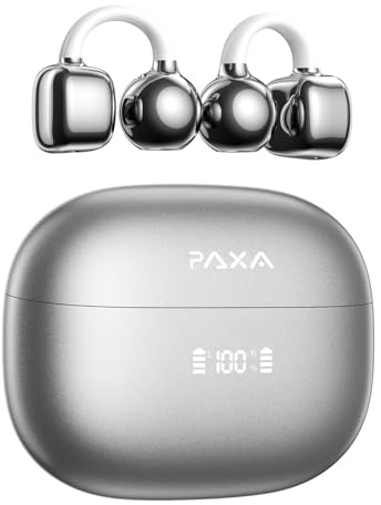 PAXA Clip-On-Ohrhörer, Clipbuds7 Open-Ear-Kopfhörer, Bluetooth 5.4 mit LED-Anzeige, Auto L-R-Ohrerkennung, Ultraleicht mit 4,5 g bequemer Sitz für Sport, Fitness und den täglichen Gebrauch, Silber