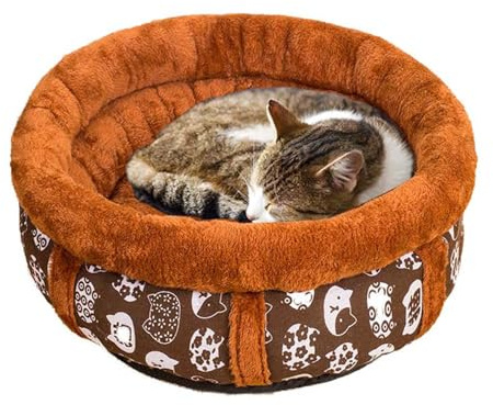 Lit rond en forme de beignet pour chat et petit chien, lit orthopédique apaisant pour chats et chats d'intérieur (marron, 40 cm)