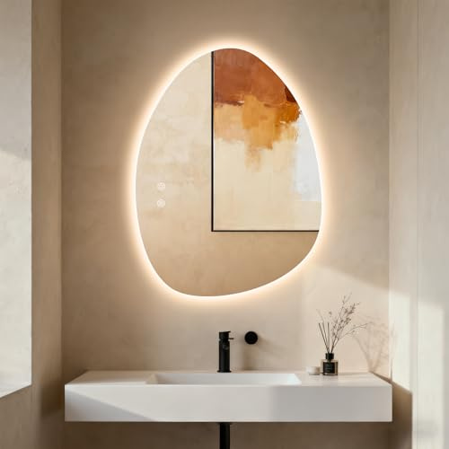 Clevich Specchio da bagno con illuminazione asimmetrica 80 × 60 cm, specchio LED con 3 colori di luce dimmerabile, vetro temperato, interruttore touch, funzione memoria, anti-appannamento, moderno