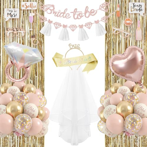 Decorazioni per la futura sposa, decorazioni per addio al nubilato, palloncini rosa e bianchi, decorazioni per festa pre-matrimoniale con striscione per futura sposa, fascia per futura sposa, tenda a