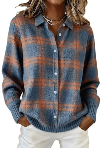 Women's Plaid Print Casual Cotton Buttoned Cardigan Sweater, Women's Plaid Print Casual Buttoned Cardigan Sweater (Brown,M)