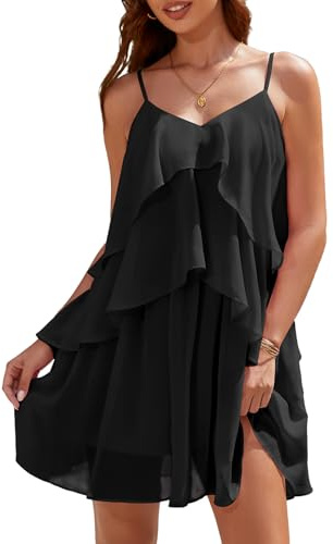 DRESSTELLS Women's Ruffle Dress Tiered Cocktail for Wedding Guest Summer | V Neck Layered Swing Dress, Casual Beach Party Short Boho Dress, Graduation Party Outfit, Fancy Homecoming, Cute Nightout