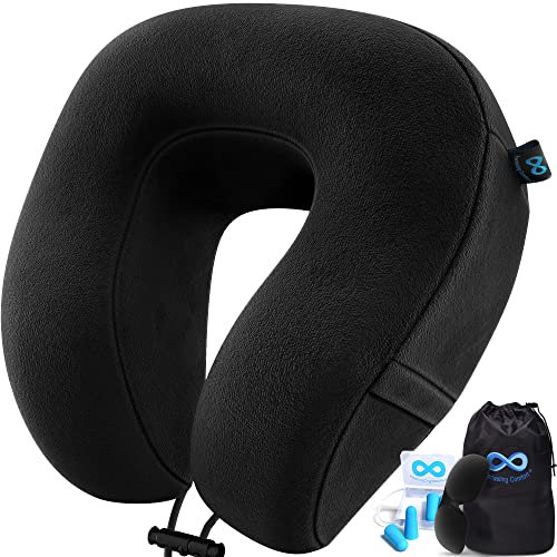 Everlasting Comfort Memory Foam Reisekissen – Komfortable Nackenstütze für Flugzeug, Auto oder Zug – Reiseset inkl. Ohrstöpseln, Schlafmaske und Tragetasche (Schwarz)