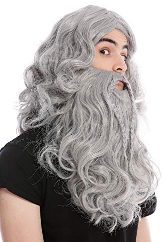 WIG ME UP- 90760-A+B-ZA68E Peluca y Barba Trenzado Largo Vikingo Viejo Salvaje Hombre del Norte bárbaro Enano Gris