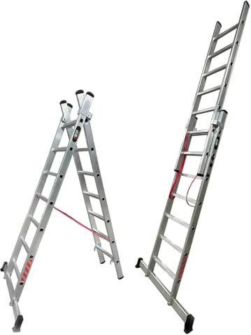 BTF | Escalera Plegable Aluminio Transformable 2 Tramos | Combinada 2 Secciones x 7 Peldaños, Escalera de Tijera y Extensible de Apoyo, Altura Apoyo 3,1m, Tijera 1,9m, Certificada EN131 Uso Doméstico