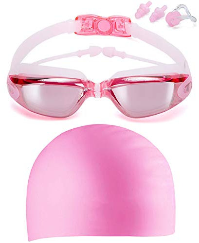 Verstellbares Set aus Schwimmbrille & Kappe, kein Auslaufen, Anti-Beschlag-Schutz, UV-Schutz, Triathlon, mit Nasenklammer, Ohrstöpsel, für Erwachsene, Herren, Damen, Youth (Rosa 2)