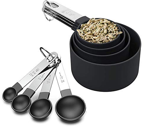 Renohef 8 teiliges Set, Kunststoff Messbecher und löffel mit Edelstahlgriff, Messwerkzeug für Flüssigkeiten und Feststoffe, zum Kochen von Küchen (schwarz)