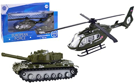 EUROPEAN FORCE - Hélicoptère et Tank - Véhicules d'Interventions - 020346 - Kaki - Métal - Militaire - Jouet Enfant - Miniature - 17 cm x 6 cm - À Partir de 3 Ans