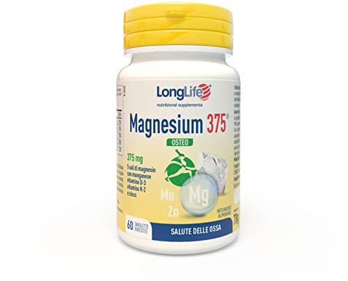 LongLife Magnesium 375® Osteo | Ossa e articolazioni | 5 sali di magnesio ad alta biodisponibilità | Con zinco, manganese, vitamina D 3 e vitamina K2 (K2VITAL®) | 60 tabs | Senza glutine e doping free