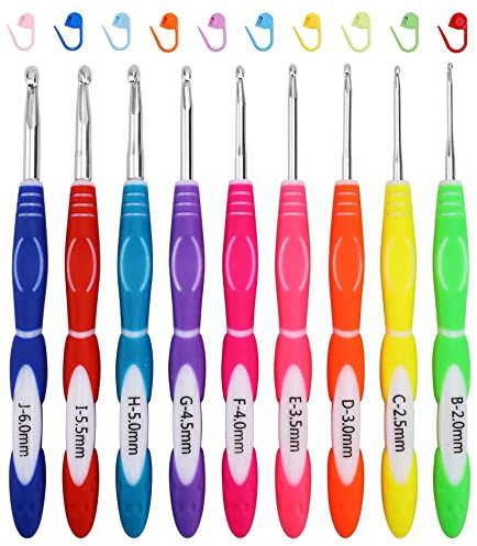 JOZEA Häkelnadeln, 9 Stück Ergonomische Häkelnadel Set mit Weicher Griff, 2,0mm-6,0mm Häkelnadeln mit Rutschfeste Daumenstreifen, für Häkelanfänger(bunt)