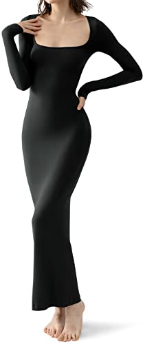 PUMIEY Long Sleeve Dress for Women Maxi Dress Sexy Bodycon Dress Womens Wedding Guest Dresses Jet Black X-Small