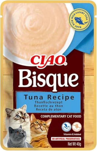 INABA Churu Bisque - Puré för katter, snacks, recept tonfisk, hälsosamma krämiga priser - spannmålsfria, konserveringsmedel, färgämnen - endast 16 kalorier - 40 g