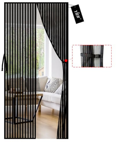 YRH Magnetic Fly Screen Door with Stay Open Buckles - Heavy Duty Self-Sealing Mesh, No Drill Installation,Powerful Magnets,Full Frame Magic Tape (90x210 cm, Black)