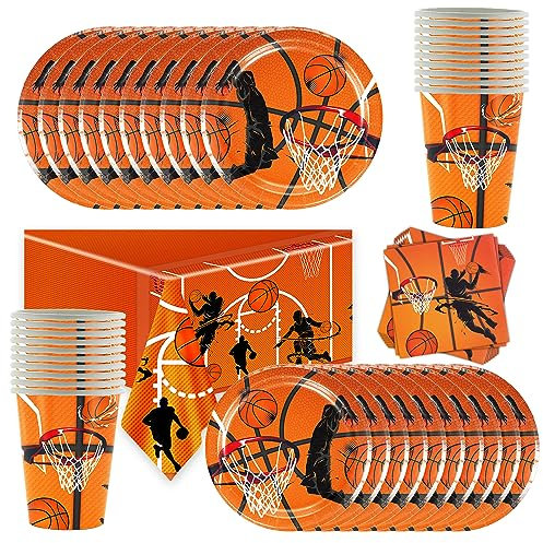 Servicio de Mesa de Fiesta para 20 Invitados, , Kit de Vajilla Baloncesto,Traje de Decoración RáPida para El Cumpleaños Del Niño [Baloncesto Mantel+Plato+Vasos+Servilleta]
