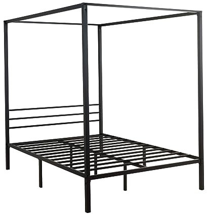 Home Source Sierra 5ft King Size Bed Frame 4 Poster with Sleek Canopy Metal Slatted Bedroom Furniture Grand Design, Black