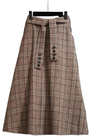 MdybF Traditionell kjol dam rutig kjol kvinnor höst vinter vintage kjolar dam A-linje kjol dam elegant avslappnad ull ull långa kjolar kakim