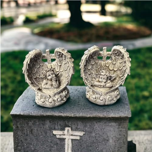 eberin · Grabengel Denkend und Träumend – EIN Hauch von Frieden und Trost · anmutigen Engeln in antik-grau für den Friedhof · Höhe 9,5cm · Schutzengel · wetterfest · (Set (Denkend und Träumend))