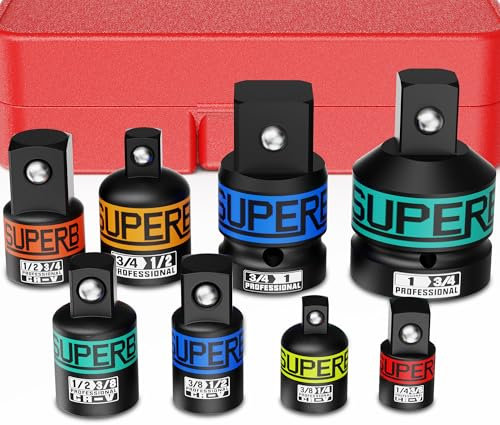 KIRXST Juego de 8 Adaptadores y Reductores de Vasos de Impacto, Adaptadores de Enchufe de Impacto 1/4 3/8 1/2 3/4 1, Adaptador Llave de Impacto, para Adaptadores de Vasos reparaciones automoción