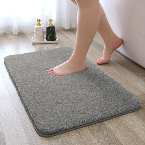 Non Slip Bath Mat Threefold Lifespan Bath Rug for Bathroom Super Soft Absorbent Bathroom Mat Rug Fluffy High Resilience Bedside Rug Carpet Floor Mat, Resist Sinking Flattening - 50 x 80cm (Grey)