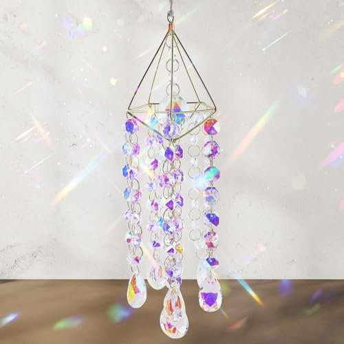 Attrape-soleil en cristal à suspendre - Prisme attrape-soleil - Style carillon éolien - Attrape-soleil de jardin - Fabriqué à la main - Plaqué or
