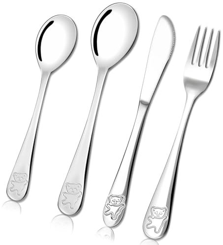 JIEYAO 4-teiliges Kinderbesteck aus Edelstahl,Hohe Qualität Kinder Besteck Mit Gravur Kindermesser Kindergabel Esslöffel und Teelöffel Taufegeschenke für Jungen Mädchen Kinderbesteck ab 3 Jahre