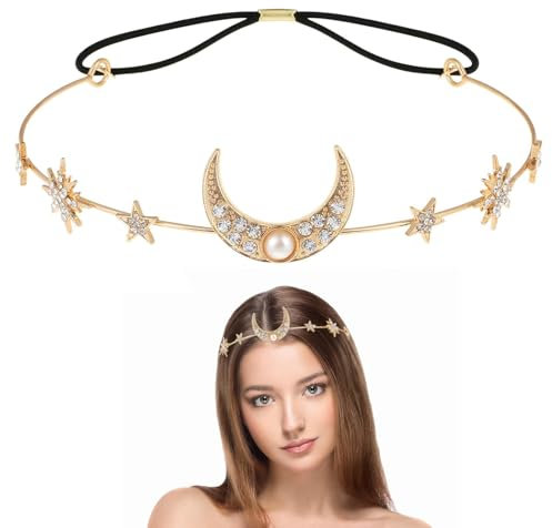 Kopfkette Gold, Sonne Mond Sterne Haarreif, Boho-Mond-Stirnband, Goldschmuck Kopfschmuck, Mond Sterne Diademe Stirnband, Strass Stirnkette, Tolle Geburtstags- und Feiertagsgeschenke für Frauen