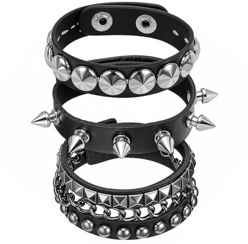 Telooco 3 Pezzi Bracciale Punk Gotico Nero Bracciale con Borchie per Halloween Bracciali in Pelle da Uomo Regolabile Bracciali con Borchie Rock Anni '80 per Uomini Donna Halloween Feste