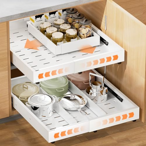 YJHome 4-Way Expandable Pull Out Cabinet Organizer with Magnetic Divider, Adjustable Width Depth Telescopic Kitchen Slide Out Drawer for Kitchen Cupboards Bathroom Storage, White 1 Pack