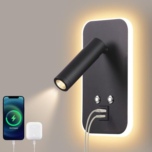 AWEKLIY Lampada da Parete, Lampada da comodino a LED con dimmer touch e porta di ricarica USB A+C, Luce da Lettura da Comodino per camera da letto o hotel, illuminazione d'atmosfera (3W+7W) Nero