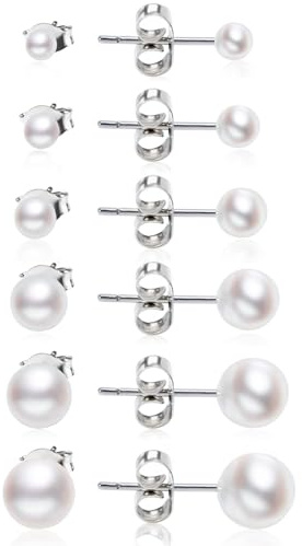 6 Pairs Dainty Pearl Stud Earrings for Women, Hypoallergenic 3/4/5/6/8/10MM Small Pearls Silver Stud Earrings Button Shape AAA+ White Pearl Jewellery Gifts for Ladies Girls