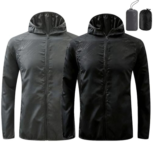 Youkly 2 Pcs Men's Lightweight Waterproof Jacket | with Pockets Packable Hooded Raincoat Sun Protection Windproof Rain Jacket for Travel, Running & Hiking