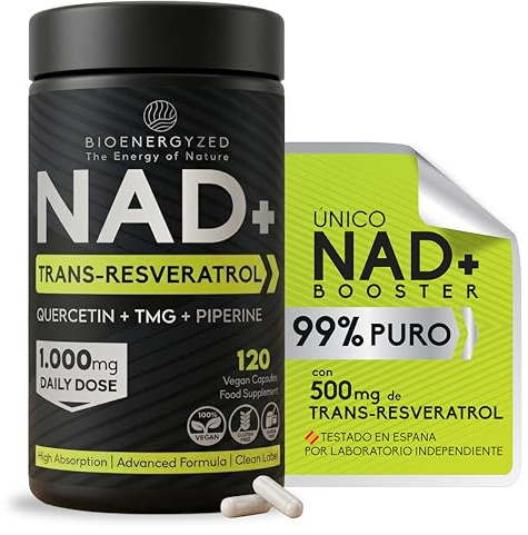 NAD+ Trans-Resveratrol Puro 99%, 1000mg Dosis, Quercetina, TMG y Piperina