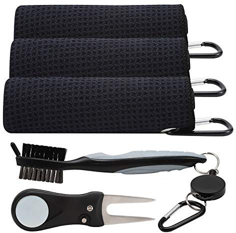 Bohoman 3 Stück Mikrofaser Golf Handtuch + 1 Stück Golfschlger Brste + 1 Stück Faltbare Golf Pitchgabel Set, 2-in-1Handtuch mit Karabiner, Golf Zubehr Set