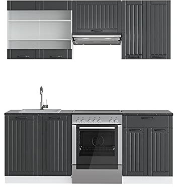 Vicco Küchenzeile Fame-Line, Anthrazit Landhaus/Weiß, 200 cm ohne Arbeitsplatte