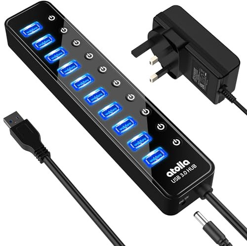 Powered USB 3.0 Hub, atolla 10 Ports USB Data Hub Splitter with Individual ON/Off Switches and 12V/2.5A Power Adapter Extension for Mouse, Keyboard, Hard Drive More Devices