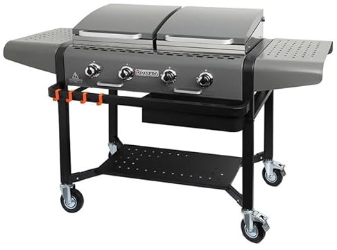 BRASERO - Plancha Margaux Gun Metal sur chariot équipé - Grill et Plancha - 4 Feux à gaz - Jusqu'à 14 convives - Surface de cuisson 86 x 72,7 cm - 15 kW - Récupérateur de graisses