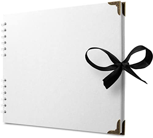 Bstorify Album fotografico quadrato, 50 pagine (28 x 22 cm), carta spessa bianca, copertina rigida, angoli in metallo, chiusura a nastro, ideale per album di ritagli, progetti artistici e artigianali