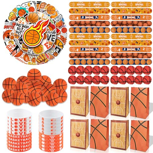 PIXHOTUL 150Pcs Basketball Party Favors, Jouet Mini Basketball, Poignets en Silicone, Autocollants de Basket-ball, Sacs de Cadeaux, Gommes, Cadeaux pour Enfants et Etudiants.