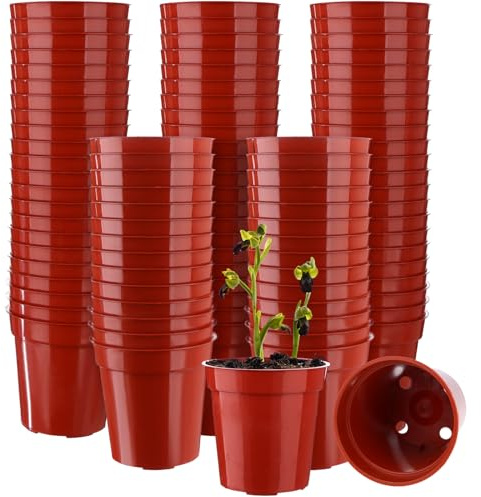 Beautywen 100 Pack Mini Plastic Flower Pots 5.4cm,Small Flower Pots Round Plant Nursery Pots with Drainage Holes for Seeds Seedling Vegetabels Herbs Garden Succulent Plants(Gloss Terracotta)