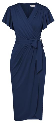 GRACE KARIN Femme Robe de Cocktail Chic et Élégante Robe Midi à Manches Courtes Volantées Col en V M Bleu Marine