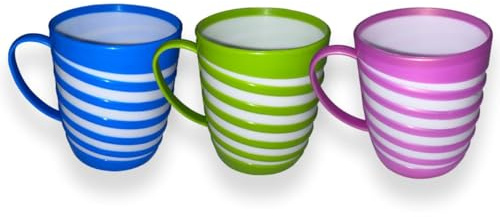 KANSY Plastic Mug with Handle – Lightweight Unbreakable Reusable Cups for Drinking Hot, Cold, Coffee, Tea, Water, Beer – Office, Travel, Party, Camping, Caravan, Picnic, BPA Free (3, Striped)