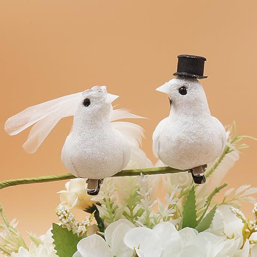 WANYIG 1 Paar Hochzeitsdeko Hochzeit Deko Taubenpaar Hochzeitstaubenpaar mit Clip Brautpaar Figuren Künstliche Vögel Taube Deko Weiß Garten Dekoration