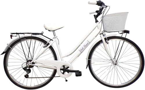 Cicli Tessari - bicicletta da donna bici da passeggio city bike ruota 28 trekking cambio 6 velocita' con cesto anteriore (bianco)