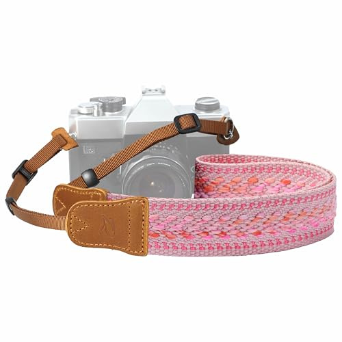 Padwa Lifestyle Speed Pink Camera Strap - 1.5 Soft Cotton Rope Weave Crazy Horse Cowhide Head Camera Straps for Photographers and All Cameras,Cute Adjustable Vintage Woven Strap for Adults & Kids